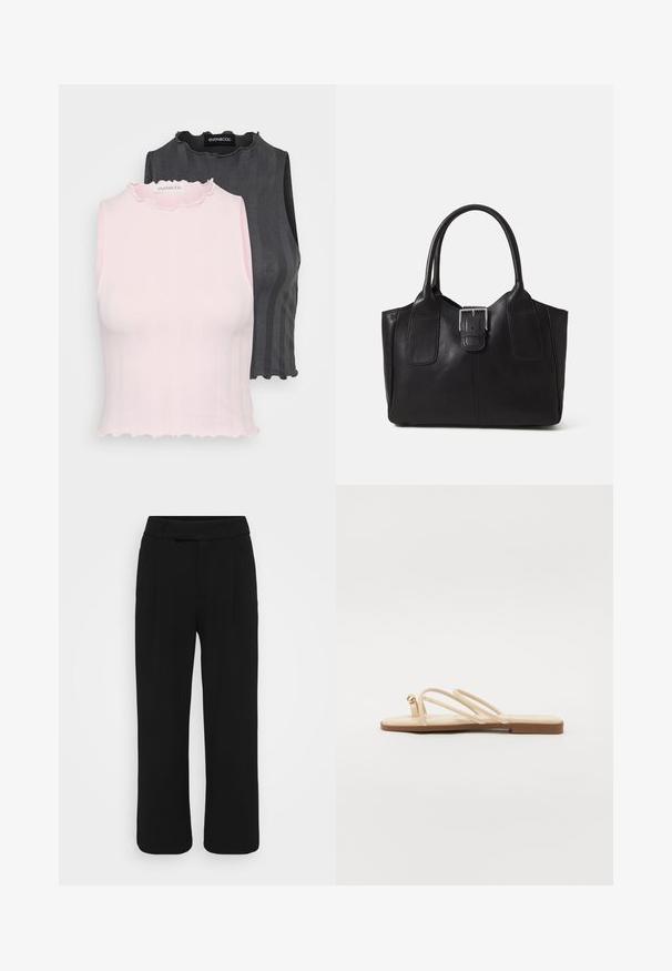 Dve brezrokavne majice, ena roza in ena temno siva, imata rebrasto teksturo in naborke na vratu; obe sta zasnovani za prilegajoč silhueto.; Črne široke hlače iz gladkega materiala, z ravnim sprednjim delom, zanko za pas in brez vidnih žepov. Čist, krojen dizajn.; Bežne ravne sandale s tremi tankimi trakovi in majhnim zaobljenim zlatim okrasom. Gladek material s minimalističnim dizajnom in rjavim podplatom.; Črna usnjena torba s gladko teksturo, strukturirano obliko, dvema ročkama in izrazitim srebrnim sponko na sprednji strani.