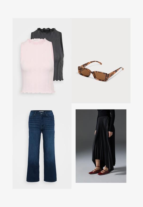 Twee mouwloze tops, één roze en één donkergrijs, hebben een geribbelde textuur en een ruchesrand bij de hals; beide zijn ontworpen voor een aansluitende silhoeet.; ONLY Petite ONLMADISON BLUSH WIDE - Wide leg - dark blue denim; Zwarte geplooide rok met een high-low zoom, gecombineerd met glanzende rode ballerina's met een bandontwerp. De stof heeft een soepele textuur.; Tortoiseshell zonnebril met rechthoekige bruine lenzen, een dik montuur en slanke armen met een patroon van variërende bruintinten.; Zilveren oorringen met een strikontwerp, afgewerkt met een gladde en gepolijste textuur. Compacte, minimalistische stijl die geschikt is voor verschillende gelegenheden.