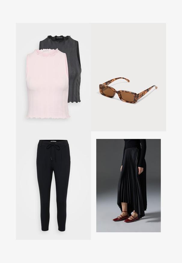 Zwei ärmellose Oberteile, eines in Pink und das andere in Dunkelgrau, haben eine gerippte Textur und Rüschensaum-Ausschnitte; beide sind für eine taillierte Silhouette entworfen.; Schwarze, schmal zulaufende Hosen aus dehnbarem Stoff, mit elastischem Bund, zwei vorderen Falten und einer glatten Textur.; Schwarzer, plissierter Rock mit einem High-Low-Saum, kombiniert mit glänzenden roten Ballerinas mit einem Riemen-Design. Der Stoff hat eine glatte Textur.; Schildpattsonnenbrille mit rechteckigen, braunen Gläsern, einem dicken Rahmen und schmalen Bügeln, die ein Muster aus verschiedenen Brauntönen aufweisen.