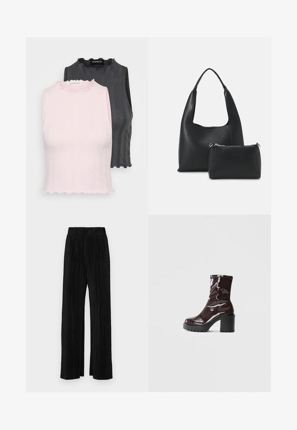 Dvě topy bez rukávů, jeden růžový a druhý tmavě šedý, mají ribbovanou texturu a volánkové výstřihy; oba jsou navrženy pro přiléhavý siluetu.; Černé plisované kalhoty s elastickým pasem. Mají široké nohavice a hladkou, strukturovanou tkaninu s vertikálními pruhy.; Lesklá bordó kotníková bota s masivním černým podpatkem, se hladkým povrchem a jednoduchým designem. Žádné viditelné zapínání ani vzory.; Even&Odd Kabelka - black