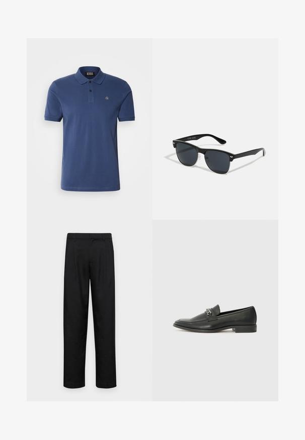Mørkeblå polo skjorte lavet af bomuld, med korte ærmer, en tre-knaps lukning og et lille broderet logo på brystet.; Sorte bukser lavet af glat stof, med et lige ben-design, to frontfolder og en standard talje med bæltestropper.; Sorte læder loafers med en glat finish, der har et syet design og et dekorativt metal kædeaccent hen over vamps. Flad hæl.; Sorte solbriller med rektangulær form, mørke linser, sølvdetaljer ved tindingerne og en mat finish på stellet.