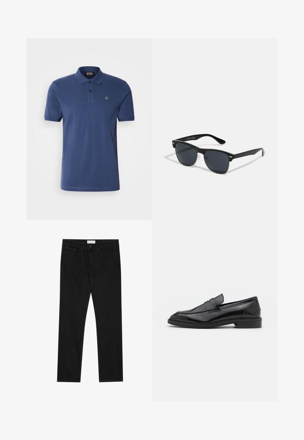 Mornarsko modra polo majica iz bombaža, ki ima kratke rokave, zapenjanje na tri gumbe in majhen vezen logotip na prsih.; Črne ravne jeans hlače s petimi žepi, z gumbom in zadrgo za zapiranje ter oznako blagovne znamke Pier One na pasu.; Črne usnjene loafersice z gladko površino, s zaobljenim prstom in ozkim pasom čez zgornji del. Nizek zložen petek.; Črne sončne naočare pravokotne oblike, temna leča, srebrni detajli na ušesih in mat površina na okvirju.