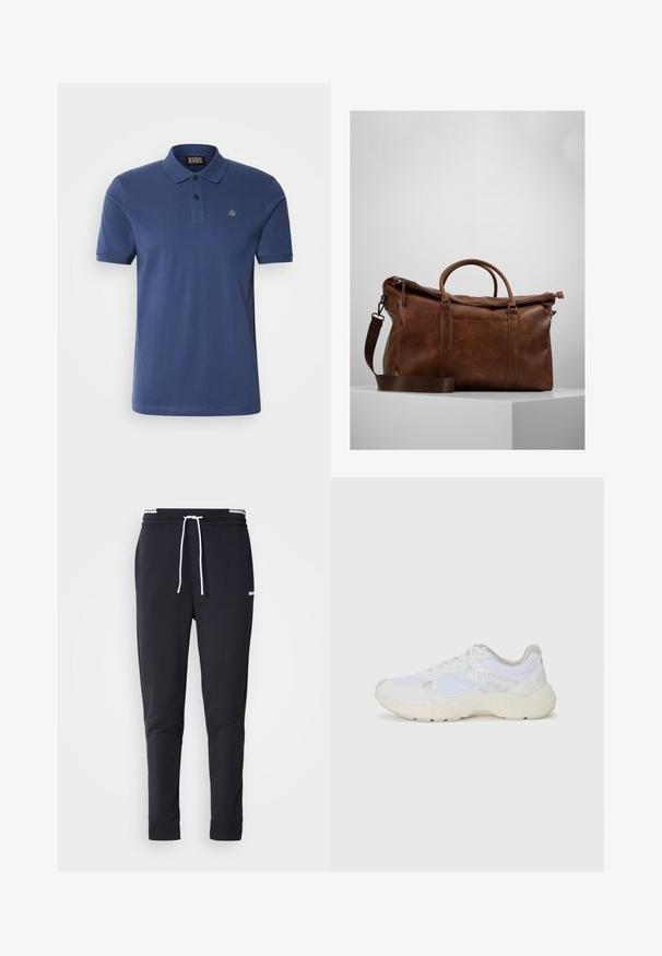 Marineblauwe poloshirt van katoen, met korte mouwen, een drie knoopsluiting en een klein geborduurd logo op de borst.; Zwarte slim-fit joggerbroek met witte trekkoord, elastische tailleband met witte strepen en klein wit logo op het bovenbeen.; Witte sportief schoenen van mesh en suede, met een gestructureerde tussenzool, gestructureerde accenten en het "HUGO" logo aan de zijkant.; Bruine leren sporttas met een ritssluiting, dubbele handvaten, een verstelbare schouderband en zichtbare textuurpatronen op het oppervlak.