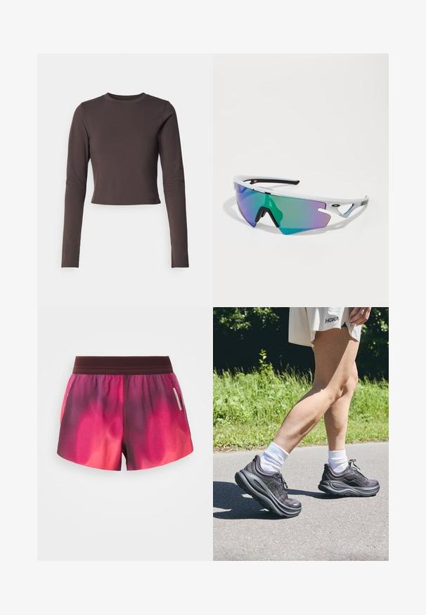 Nike Performance ONE CAPSULE - Tops ar garām piedurknēm - baroque brown/black; Rozā un purpursarkanu toņu gradienta sporta šorti ar elastīgu jostasvietu, gludu tekstūru un etiķeti sānos. Šortiem ir brīvs piegriezums.; Melni sporta apavi ar teksturētu audumu, bieziem mīkstinātiem zoleim un auklām, pārī ar baltām zeķēm un gaiši bēša apģērbu.; Sporta saulesbrilles ar baltu rāmi, lieliem zaļiem un violetiem pārgrādienu lēcām, leņķīgu dizainu un melniem akcentiem uz kājām un deguna atbalsta.