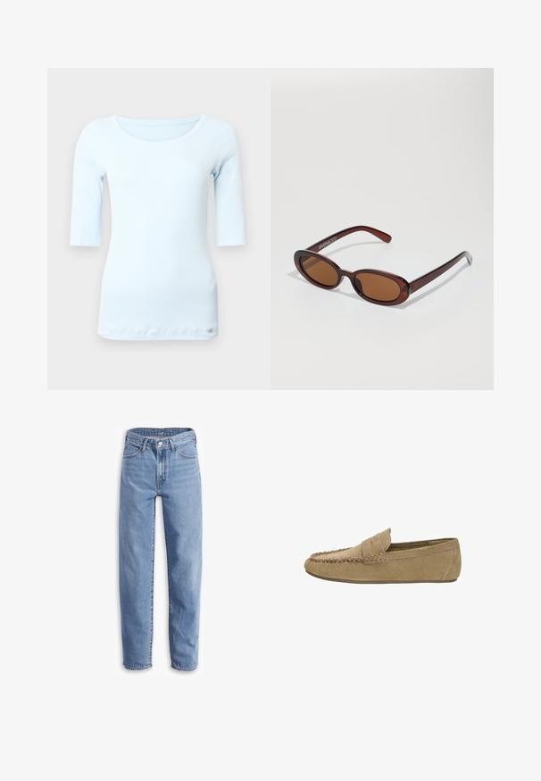 Jasnoniebieska, dopasowana bluzka z długim rękawem, z okrągłym dekoltem i miękką, gładką fakturą. Posiada małe logo przy krawędzi.; Jasnoniebieskie dżinsy z denimu o luźnym kroju, prostych nogawkach, pięciu kieszeniach i postrzępionych końcach dla swobodnego wyglądu.; Jasnobrązowe zamszowe męskie loafersy z haftowanym noskiem moccasin i paskiem penny, z płaską gumową podeszwą, widok z boku na białym tle.; Okrągłe, brązowe okulary przeciwsłoneczne z błyszczącą bordową oprawą. Cienkie ramiona z subtelnym detalem marki. Płaski kształt soczewek.; Brązowa zamszowa torba hobo o luźnym kształcie, z zakrzywioną rączką u góry oraz trójkątnymi detalami na przodzie i tyle.