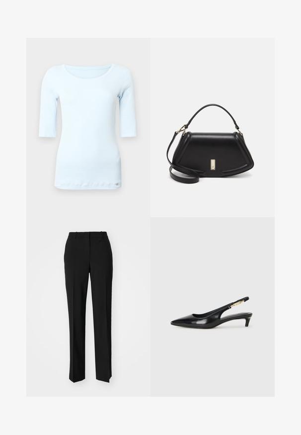 Light blue, fitted long-sleeve top with a round neckline and a soft, smooth texture. Features a small logo at the hem.; Black tailored trousers with a straight-leg design, featuring a smooth texture and crisp creases along the front. No visible hardware.; Black leather slingback heels with a pointed toe, featuring a slim heel and a gold-tone accent on the adjustable strap. Smooth texture.; Black leather handbag with a structured design, featuring a cropped shape, top handle, and gold hardware accent. Adjustable shoulder strap included.