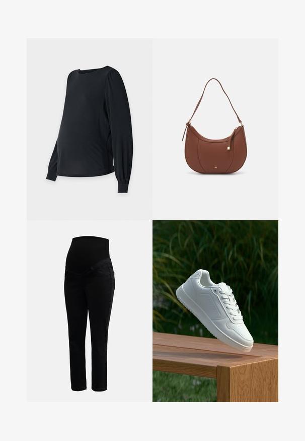 Čierny tehotenský top s dlhými nadýchnutými rukávmi, okrúhlym výstrihom a voľným strihom. Vyrobený z hladkej, elastickej látky pre pohodlie.; Čierne tehotenské džínsy s elastickým vysokým pásom a úzkymi nohavicami, navrhnuté pre pohodlie a podporu počas tehotenstva.; Biele tenisky s hladkým syntetickým zvrškom, perforovanou špičkou, plochými šnúrkami a textúrovanou podrážkou, vystavené na drevenej ploche.; Hnedá umelá kožená taška cez rameno s zakriveným tvarom, minimalistickým šitím a zlatými akcentami. Obsahuje zips na vrchu a nastaviteľný popruh.