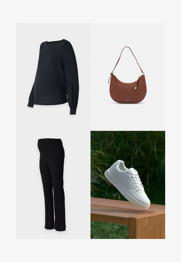 Črn materinski top z dolgimi puffastimi rokavi, okroglo izrezom in ohlapnim krojem. Narejen iz gladkega, raztegljivega blaga za udobje.; ONLY MATERNITY OLMHALLE - Hlače - black; Bela teniska s gladkim sintetičnim zgornjim delom, perforiranim prednjim delom, ravnimi vezalkami in teksturiranim podplatom, prikazana na leseni površini.; Rjava usnjena torbica z ramenskim ročajem, ukrivljene oblike, minimalnim šivom in zlato-tonirano kovinsko dekoracijo. Ima zgornje zapiranje na zadrgo in nastavljiv trak.