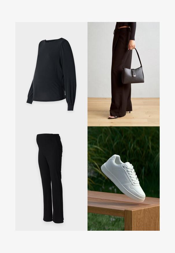 Melnas grūtniecības blūzes ar garām, pūkainām piedurknēm, apaļu kakla izgriezumu un brīvu piegriezumu. Izgatavota no gludas, elastīgas auduma, lai nodrošinātu komfortu.; ONLY MATERNITY OLMHALLE - Auduma bikses - black; Baltie sporta apavi ar gludu sintētisku augšpusi, perforētu pirkstu daļu, plakani šņorēm un rakstainu zoli, novietoti uz koka virsmas.; Melnā somiņa ar strukturētu formu, gludu tekstūru un metālu sprādzi. Saskaņota ar platām melnām biksēm un sandālēm ar atvērtu purngalu uz koka grīdas.