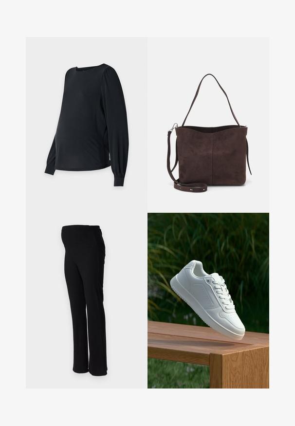 Top de maternitate negru, cu mâneci lungi și bufante, guler rotund și croială lejeră. Confecționat dintr-un material neted și elastic pentru confort.; ONLY MATERNITY OLMHALLE - Pantaloni - black; Sneaker alb cu un upper sintetic neted, cu vârf perforat, șireturi plate și o talpă texturată, expus pe o suprafață de lemn.; Geantă tote din suede maro, cu o textură moale, având un singur mânere pentru umăr și o deschidere superioară subtil curbată. Fără detalii hardware vizibile.