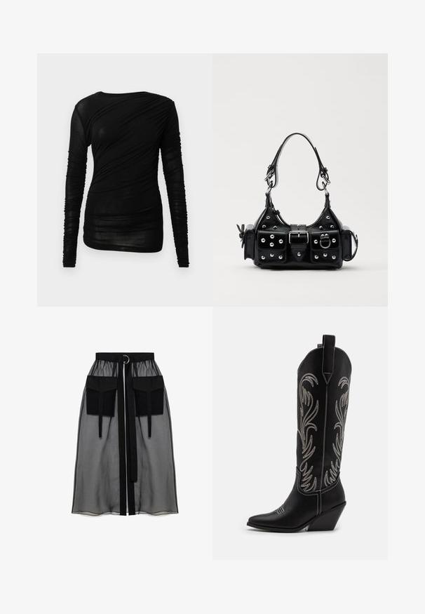 Mustast õhukesest ja läbipaistvast kangast pika varrukaga pluus, millel on keha järgnev lõige, volditud tekstuur ja ümara kujuga kaelus.; Must mustriga seelik, millel on kogutud vöökoht, kaks suurt esitaskut, vöötie ja ringikujuline metallaktsent.; Mustad mustad nahast cowboy saapad terava ninaga, vööndkanna ja hõbedaste tikanditega lillemustritega varred. Kontrastõmblused üle kogu.; Must värvi nahast käekott, millel on kaarjas disain, hõbedased nupukesed, kinnitusahe ja kaks külgtaskut. Reguleeritav rihm erinevate kandmisvõimaluste jaoks.