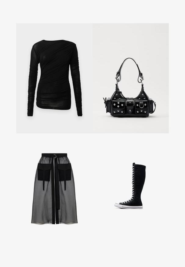 Black long-sleeve shirt features a fitted design with gathered texture and a round neckline, made from a lightweight, sheer fabric.; Black sheer skirt with a gathered waistband, featuring two large front pockets, a waist tie, and a circular metal accent.; Black high-top sneakers with a tall design, made of canvas. Feature white laces, stitching, and a rubber sole with a toe cap.; Black leather handbag with a curved design, featuring silver studs, a buckle, and two side pockets. Adjustable strap for carrying options.