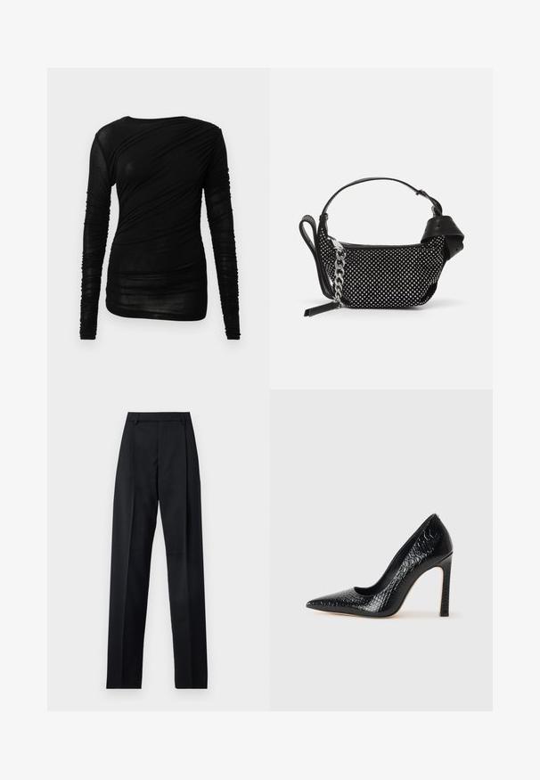 Camisola preta de manga comprida apresenta um design ajustado com textura franzida e decote redondo, confeccionada em tecido leve e translúcido.; Calças pretas feitas de um tecido suave, com uma cintura alta, pernas largas, pregas frontais e passadores de cinto clássicos. Não há bolsos laterais visíveis.; Sapato de salto alto de bico fino preto com textura de pele de crocodilo, apresentando um design elegante, salto agulha alto e interior preto suave.; Bolsinha preta com adornos de tachas, uma alça de corrente e uma pega em couro liso, com um formato arredondado e um compartimento com fecho.