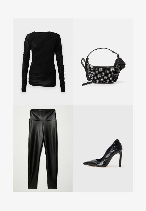 Musta pitkähihaisen paidan malli on istuva, siinä on rypytetty tekstuuri ja pyöreä pääntie, ja se on valmistettu kevyestä, läpikuultavasta kankaasta.; Mustat keinonahkaiset legginsit, joissa on korkea vyötärö, sileä pinta ja tiukka siluetti, ulottuvat nilkkoihin saakka.; Musta kapea nilkkakorkokenkä krokotiilin nahkakuviolla, joka on varustettu tyylikkäällä muotoilulla, korkealla stiletto-korkealla ja sileällä mustalla sisäosalla.; Musta käsilaukku, jossa on niittikoristeet, ketjuhihna ja sileä nahkakahva, pyöreä muoto ja vetoketjullinen osasto.