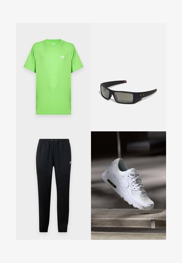 Zelena pamučna majica kratkih rukava s okruglim izrezom i malim bijelim Nike logotipom na lijevoj strani prsa. Glatka tekstura, regularan kroj.; Crne trenerke od mekog materijala, s elastičnim pojasom s vezicama, na kraju hlačnica s manžetama i s malim logotipom sa strane.; Bijela Nike Air Max 90 tenisica s gornjim dijelom od mrežice i kože, perforiranim prstima i vidljivom zračnom jedinicom u peti.; Crne sunčane naočale s mat površinom, pravokutnim staklima, blagim zakrivljenjima na sljepoočnicama, suptilnim logotipom i dimnim staklima.