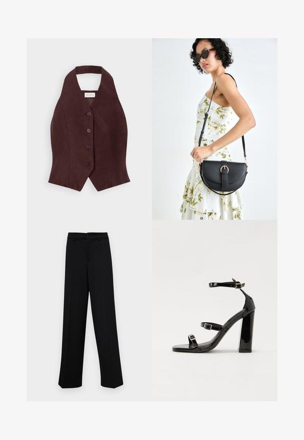 Burgundijas lina veste ar augstu apkakli, pieciem apaļiem pogām centrā un piegulošu formu, kas sašaurinās jostas vietā.; Melnas platajās bikses, kas izgatavotas no gludas auduma, ar klasisku jostu un pogu aizdari, kā arī priekšējām kroku detalizācijām.; Melnas lakotas augstpapēžu čības ar kvadrāta purngalu, potīšu siksniņām un sudraba sprādzēm. Aprīkotas ar masīvu bloku papēdi stabilitātei.; Melnas ādas rokassoma ar izliekta formu, noņemamu siksnu un zelta aksesuāriem. Somai ir vāciņš ar sprādzes detaļu.