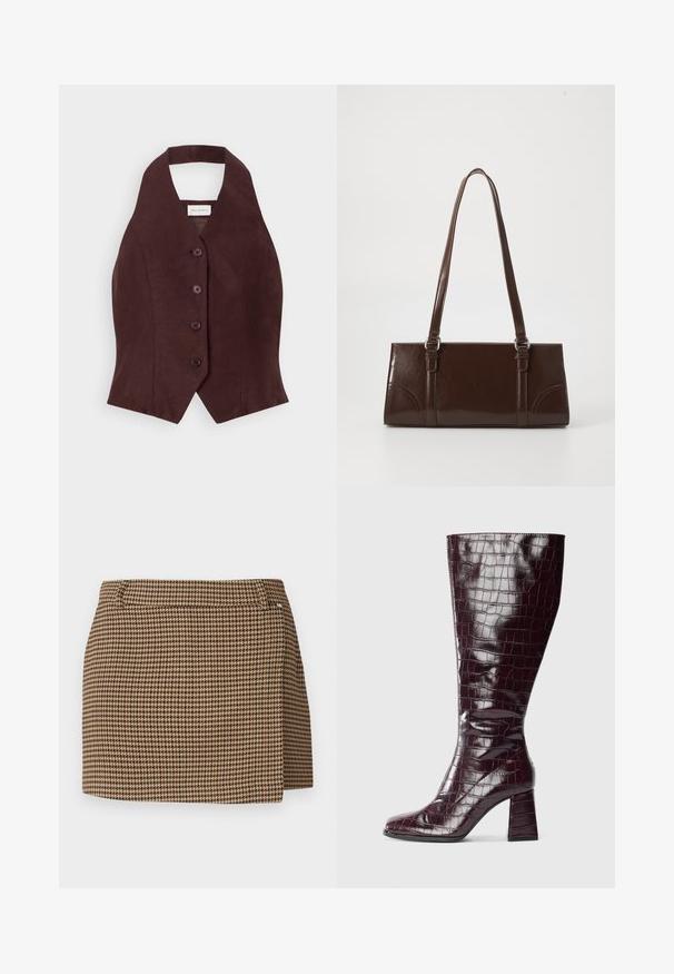 Burgunderfarbener Leinenweste mit hohem Kragen, fünf runden Knöpfen in der Mitte und einer taillierten Form, die sich zur Taille hin verjüngt.; Braun und beige gemusterter Minirock im Hahnentrittdesign mit leichter Wickeloptik und Gürtelschlaufen auf einem weißen Hintergrund.; Dunkelburgunderfarbene knielange Stiefel mit Krokodillederstruktur und Blockabsatz vor weißem Hintergrund, seitlich dargestellt.; Braune Lackleder-Handtasche in rechteckiger Form, mit zwei langen Griffen und subtilen, geschwungenen Akzenten auf der Vorderseite.; Goldfarbene Metallohrringe in einer glatten, abgerundeten dreieckigen Form mit Steckverschluss; reflektierende Oberfläche mit minimaler Detailarbeit.