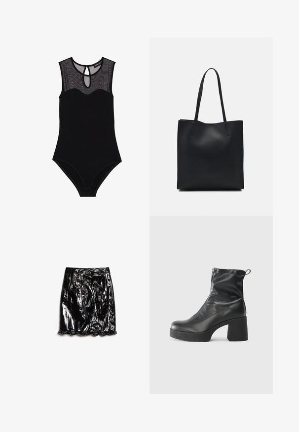 Sort bodysuit med mesh yoke, ærmeløs design, scoop halsudskæring og nøglehul-ryg. Indeholder glat, strækbart stof og minimal dekoration.; Sort, blank miniskørt lavet af et skinnende materiale; har en volangkant og plisseret design for ekstra tekstur og detalje.; Sorte ankelstøvler lavet af glat læder, med en sidelukning, kraftig struktureret hæl og rundt tådesign.; Sort læder tote taske med glat tekstur, rektangulær form og to lange hanke. Ingen synlig hardware eller udsmykninger.