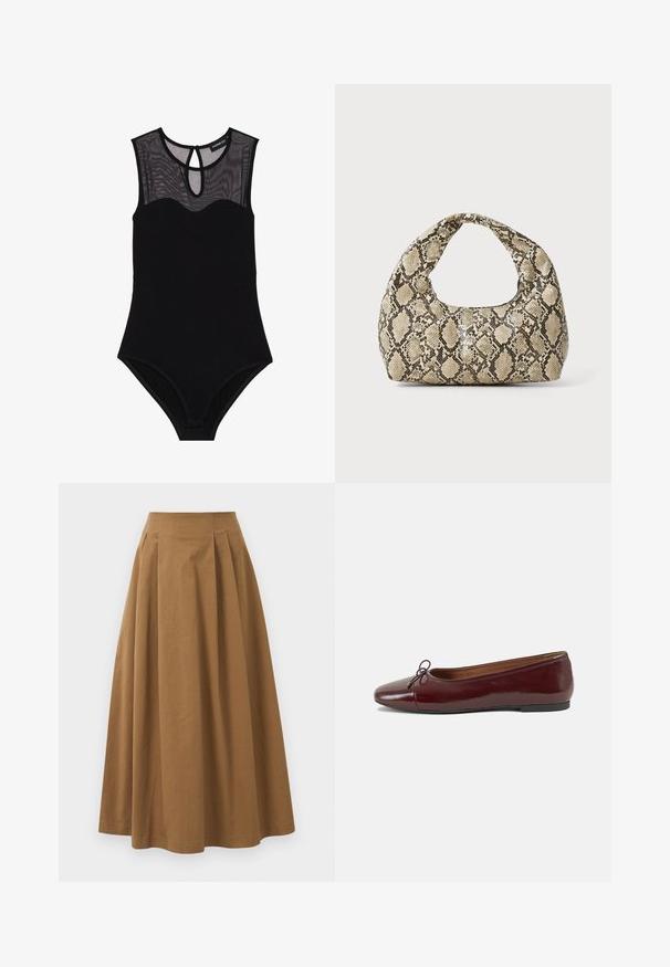 Svart bodysuit med mesh detaljer, uten ermer, rund hals og nøkkelhull bak. Har glatt, elastisk stoff og minimal pynt.; Brun bomull A-linje skjørt med høy midje, med folder foran og en jevn tekstur. Kantene er rene og enkle.; Burgunderrød lakk lær ballettleilighet med rund tå, liten sløyfe foran og en lav, svart gummisåle. Glatt tekstur.; Veske med slangeskinnmønster og krummet håndtak. Laget av teksturerte, beige og brune materialer, med et særegent diamantmønster.