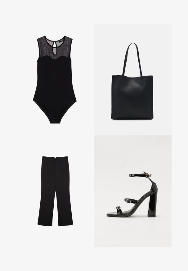 Schwarzer Body mit Netz-Einsatz, ärmellosem Design, Rundhalsausschnitt und Schlüsselloch-Rücken. Aus glattem, dehnbarem Material und minimaler Verzierung.; Schwarze Hose mit geradem Schnitt, ausgestattet mit Fronttaschen und Seitenschlitzen am Saum. Hergestellt aus weichem, glattem Stoff. Geeignet für verschiedene Anlässe.; Schwarze patentierte Sandalen mit Absatz, quadratischer Spitze, Knöchelriemen und silbernen Schnallen. Mit einem stabilen Blockabsatz für mehr Stabilität.; Schwarze Laptoptasche aus Leder mit glatter Textur, rechteckiger Form und zwei langen Griffen. Keine sichtbaren Beschläge oder Verzierungen.