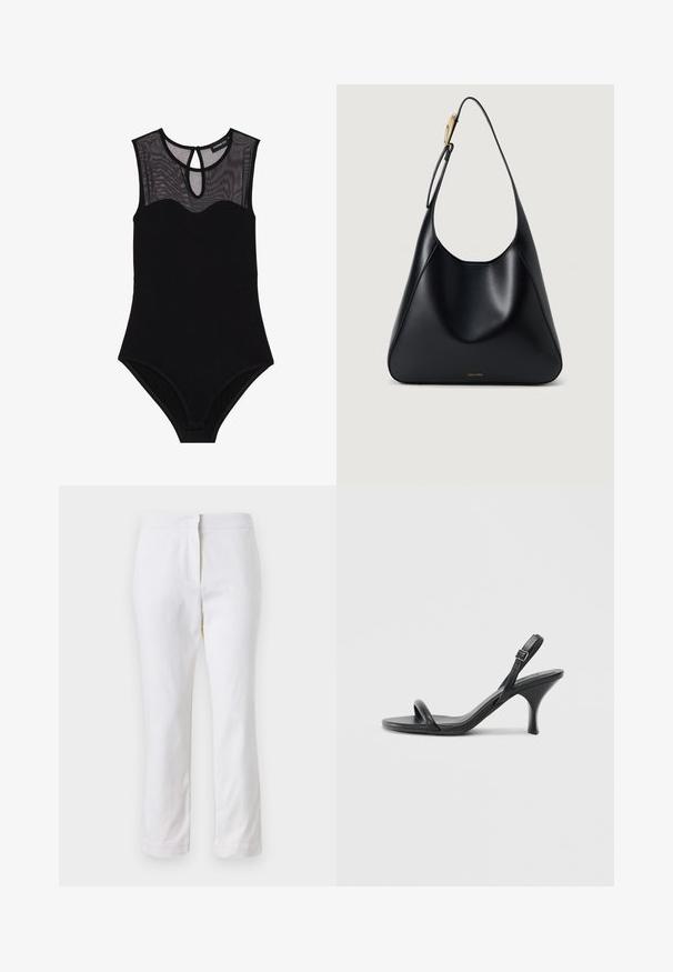 Černý bodysuit s krajkovým yoke, bez rukávů, s kulatým výstřihem a klíčovou dirkou na zádech. Vyznačuje se hladkým, elastickým materiálem a minimálním detailem.; Bílé bavlněné kalhoty s rovnou nohavicou, s středně vysokým pasem a bez viditelných kovových prvků nebo vzorů. Hladká textura po celém povrchu.; Černé kožené sandály na vysokém podpatku s úzkým, zakřiveným podpatkem a designem s překříženými popruhy. Nastavitelný pásek kolem kotníku. Hladký povrch.; Černá kožená kabelka přes rameno se hladkým povrchem, zakřiveným siluetou a zlatým kováním. Na spodní straně je vyražené logo značky.