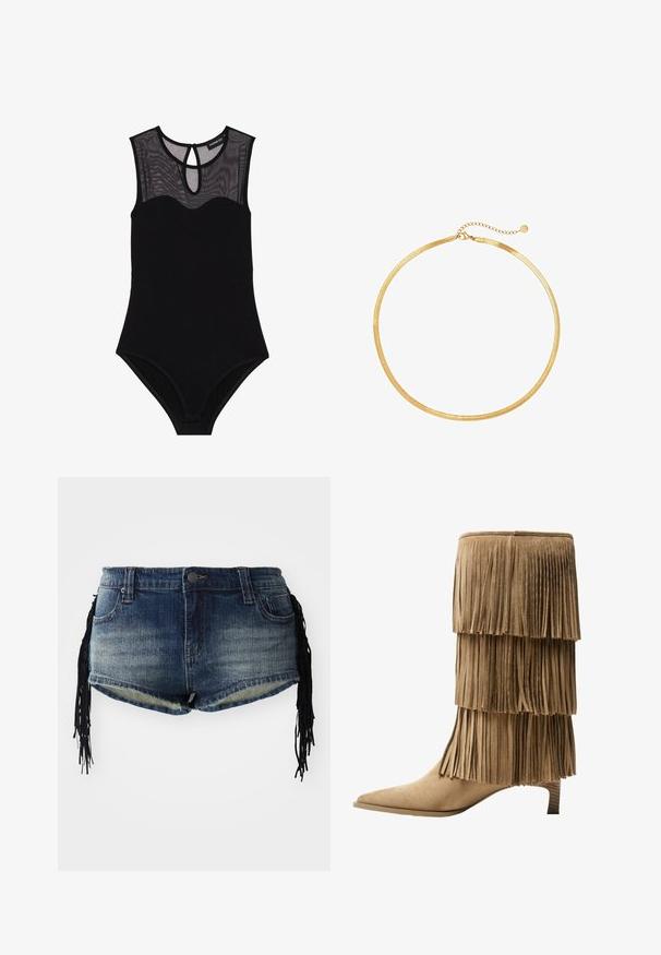 Sort bodysuit med mesh yoke, ærmeløs design, scoop halsudskæring og nøglehul-ryg. Indeholder glat, strækbart stof og minimal dekoration.; Denim shorts i gradient blå vask med frynset kant og sorte frynsedekorationer på siderne, med forlommer og et liv. ; Fringe ankelstøvle i tan ruskind med tre lag af frynser. Spids tå og en lav blokhæl. Glat tekstur over det hele.; Guld mesh choker halskæde med et fladt, fleksibelt design. Har en kædeforlængelse for justerbar længde. Glat tekstur, minimalistisk udseende.