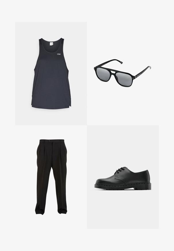 Mustat urheilulliset hihattomat paidat, joissa on verkkokudonta, pyöreä pääntie ja pieni valkoinen logo vasemmassa yläkulmassa.; Mustat housut sileällä kankaalla, etupuolelta laskostetut, napilla varustettu vyötärö ja kapenevat nilkkaleikat. Klassinen hyvin istuva siluetti.; Musta nahkainen oxford-kengät, joissa on nauhakiinnitys, pyöreä kärki, litteä kumipohja ja hillitty ompelutaito yläosassa.; Mustat aurinkolasit suorakulmaisilla kehyksillä, harmaasävyisillä linsseillä ja siltaleikkauksella. Tyylikäs, kiiltävä muovimateriaali, kapeilla temppeleillä.