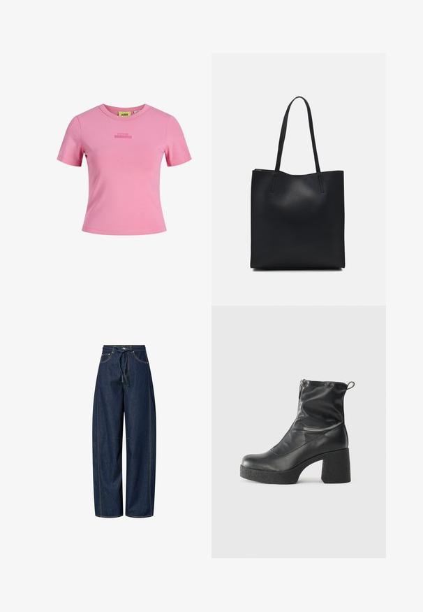 Rožinė trumpomis rankovėmis marškinėliai, pagaminti iš minkštos medžiagos, su apvaliu kaklu ir tekstu "ŠIEK TIEK DRAMATIŠKA" ryškiu spaudiniu.; Tamsiai mėlynos plačios kojos džinsai su raišteliu juosmenyje, kontrastingais siūlais ir dviem priekinėmis kišenėmis. Lygus paviršius, laisvas pjūvis.; Juodos kulkšninių botai, pagaminti iš lygaus odos, su šoniniu užtrauktuku, masyviu tekstūruotu kulnu ir apvaliu pirštu.; Juodas odinis tote krepšys su lygia tekstūra, stačiakampio formos ir dviem ilgais rankenomis. Matomų metalinių detalių ar puošybos nėra.