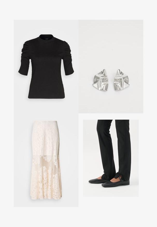 Črn kratkotrajni top z nabranimi detajli na ramenih, okroglo izrezan in gladke teksture za oprijet videz.; Cvečni čipkast midi krilo v kremni barvi; vključuje plasten dizajn s prosojnimi sekcijami, teksturiranim čipkastim materialom in razširjenim robom.; Črne usnjene balerinke s koničastim nosom, trak z srebrno zaponko, v kombinaciji s črnimi elegantnimi hlačami z razporkom na robu.; Srebrni kovinski uhani z valovitim, skulpturalnim dizajnom, ki se ponašajo s poliranim zaključkom in nerednimi oblikami, kar poudarja sodobno estetiko.