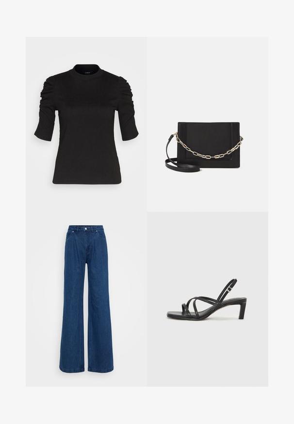 Haut noir à manches courtes avec des détails froncés sur les épaules, encolure ronde et texture lisse pour un look ajusté.; Jeans en denim bleu à jambe large avec une taille haute, fermeture avant à bouton et zip, et poches avant et arrière sur un fond uni.; Sandale noire à lanières avec un bout carré et un petit talon bloc. Elle présente plusieurs fines lanières et une sangle de cheville ajustable. Fabriquée en cuir lisse.; Sac bandoulière en cuir noir avec une texture lisse, de forme rectangulaire et un détail en chaîne métallique à l'avant. Sangle réglable incluse.