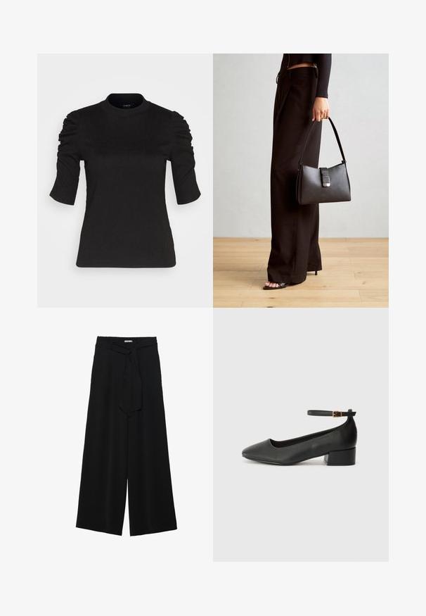 Must mustaga kraanika varrukatega T-särk, millel on plekked õlgade detailides, ümar kaelus ja sile tekstuur, et tagada väljapeetud istuvus.; Mustad laiad püksid, millel on tekstureeritud kangas, elastne vöökoht ja eemaldatav pael vööst, et reguleerida sobivust.; Must mustaapp, millel on terav nina ja madal blokk-kand. Omab pahkluu rihma koos kuldse tooni pandlaga. Sile tekstuur.; Must musta kott, millel on struktureeritud kuju, sile tekstuur ja metallist klamber. Kombineeritud laiate mustade pükstega ja avatud varvaste sandaalidega puidust põrandal.