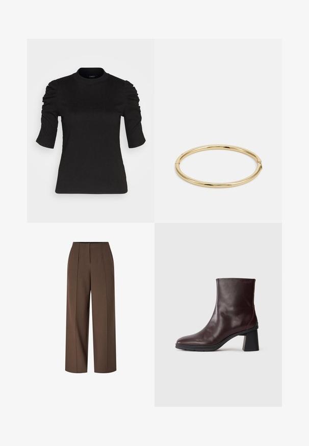 Juoda trumpa rankovė viršuje su surinktomis detalėmis pečių srityje, apvaliu iškirpimu ir lygiu paviršiumi, suteikiančiu prigludusį siluetą.; Rudos aukšto juosmens plačios kojų kelnes su priekine raukšle ir paslėptu priekiniu užtrauktuku.; Tamsiai rudos odinės aulinės batus iki kulkšnies su blokuotu kulnu ir apvalia nosimi, eksponuojami ant paprasto šviesiai pilko fono.; Auksinis apyrankė su lygiu, blizgiu paviršiumi, turinti apvalią formą ir subtilų užsegimo detalę.