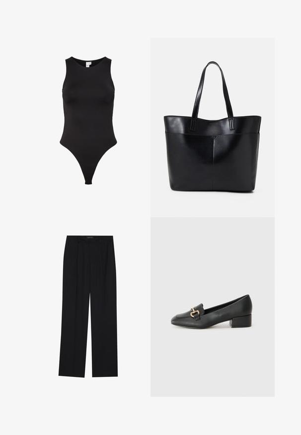 Svart ermeløs bodysuit med høy krage, laget av glatt stoff. Har en thong-skjæring for minimal dekning bak.; Sorte bukser med rette ben, som har to frontlommer og en talje. Laget av et glatt, lett stoff.; Sorte skinnloafers med flat hæl, med dekorativ detalj i gull foran og en jevn tekstur.; Svart lær toteveske med to lange håndtak, en glatt tekstur og en strukturert form. Har en frontlomme for ekstra oppbevaring.