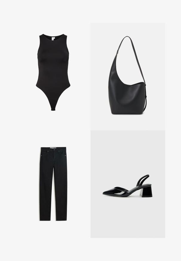 Un body sans manches noir avec un col montant, fabriqué à partir d'un tissu lisse. Présente une coupe thong pour une couverture minimale à l'arrière.; Pantalons en denim noir avec une coupe droite, cinq poches, fermeture à bouton en métal, et détails de couture subtils. Texture lisse.; Escarpins en cuir verni noir avec bout pointu et talon bloc géométrique. Présente un design élégant et minimaliste ainsi qu'une texture lisse.; Sac hobo en cuir noir avec une texture lisse, une forme incurvée et une seule sangle réglable ; dispose d'une large ouverture en haut.