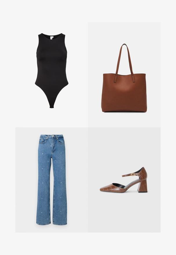 Černý bezrukávový bodysuit s vysokým límcem, vyrobený z hladkého materiálu. Má tango střih pro minimální pokrytí vzadu.; Modré vysoké pasové džíny s rovnými nohavicemi, na kterých jsou rozptýlené malé bílé květinové výšivky.; Hnědé lakované dámské lodičky se čtveratou špičkou, texturovaným krokodýlím vzorem, kotníkovým páskem se zlatou přezkou a masivním podpatkem.; Hnědá kožená taška přes rameno s hladkou texturou, otevřeným designem a dvěma ramenními popruhy. Obsahuje minimální švy a žádné viditelné kovové prvky.