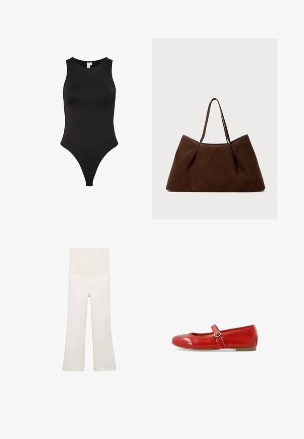 Bodysuit negro sin mangas con un cuello alto, hecho de una tela suave. Presenta un corte de tanga para una cobertura mínima en la parte posterior.; Jeans acampanados blancos vistos desde atrás, con una textura suave, dos bolsillos traseros y sutiles detalles de costura a lo largo de las costuras.; Zapato plano de charol rojo con punta redondeada, una correa decorativa con una hebilla circular y un acabado suave y brillante.; Bolso tote de ante marrón con dos asas, de forma rectangular espaciosa y diseño minimalista. Textura suave con un acabado liso.