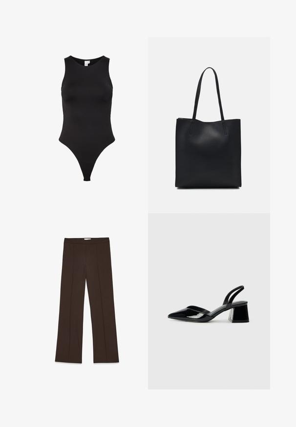 Zwarte mouwloze body met een hoge halslijn, gemaakt van gladde stof. Heeft een stringmodel voor minimale bedekking aan de achterkant.; Bruine, wijde broek van gladde stof; heeft voorplooien en een standaard tailleband. Minimalistisch ontwerp zonder zichtbare sluitingen.; Zwarte gepatineerde leren slingback hakken met een spitse neus en een geometrische blokhak. Kenmerkt zich door een slank, minimalistisch ontwerp en een gladde textuur.; Zwarte leren handtas met een gladde textuur, rechthoekige vorm en twee lange handvaten. Geen zichtbare hardware of versieringen.