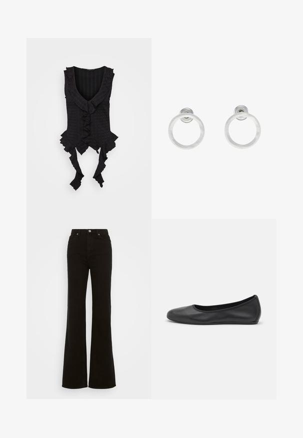 Čierny bezrukávový top s hlbokým výstrihom do V, s ruffles na okrajoch a s uviazaním na leme. Textúrovaná látka s jemným vzorom.; Čierne riflové nohavice s vysokým pásom a rozšírenými nohavicami, s gombíkovým zapínaním, bočnými vreckami a hladkou textúrou.; Čierne kožené baleríny s okrúhlou špičkou, hladkým povrchom, minimálnym prešívaním a flexibilným dizajnom podrážky.; Strieborné kovové náušnice vo forme kruhov s brúsenou textúrou, so zaobleným dizajnom a priehľadným zarážkou pre bezpečné nosenie.