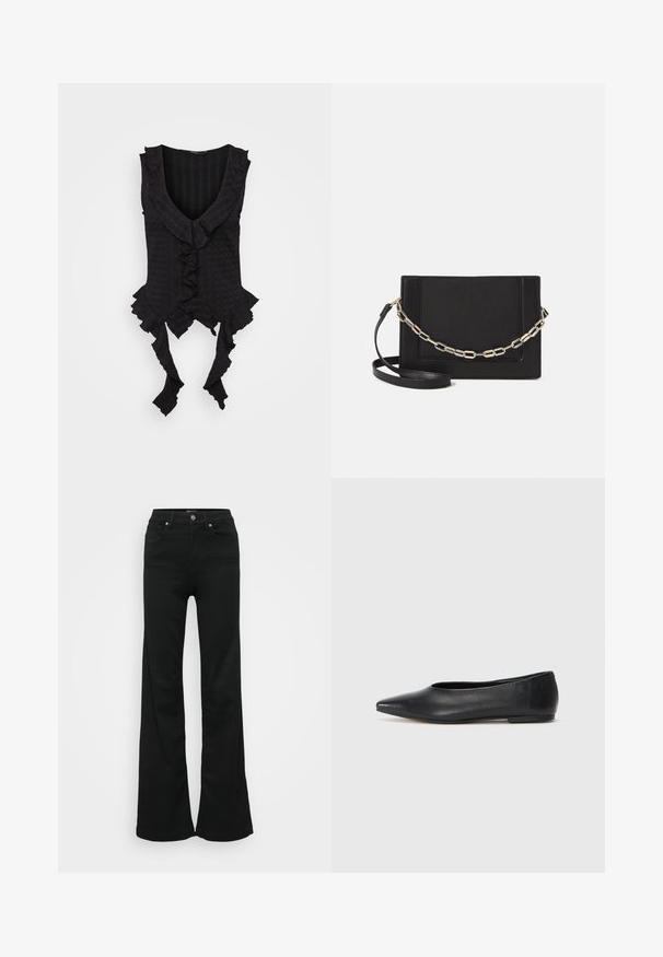 Fekete ujjatlan felső mély V-nyakkal, fodros széllel és megkötővel az alján. Texturált anyag, finom mintázattal.; Fekete, trapéz szabású farmernadrág, magas derékkal, öt zsebbel és fémből készült gombos zárással. Simább textúrájú, minimális díszítéssel.; Fekete bőr balettcipő, hegyes orral, minimalista dizájn, sima textúra, alacsony sarkú, látható fémrész vagy díszítés nélkül.; Fekete bőr keresztpántos táska, sima textúrával, téglalap alakú és fém lánc részlettel az elején. Állítható pánttal ellátva.