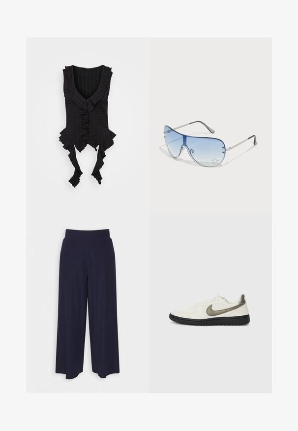 Top preto sem mangas com um decote em V profundo, apresentando bordas franzidas e fitas na bainha. Tecido texturizado com um padrão subtil.; Calças largas em tecido azul-marinho escuro com uma textura ribada. Apresenta uma cintura suave e uma silhueta fluida, atingindo o comprimento até metade da panturrilha.; Nike Sportswear FIELD GENERAL - Sapatilhas - off-white/black; Óculos de sol aviador com lentes azuis em degradê, armação metálica prateada e detalhes decorativos de estrelas nas lentes. Design suave e elegante.