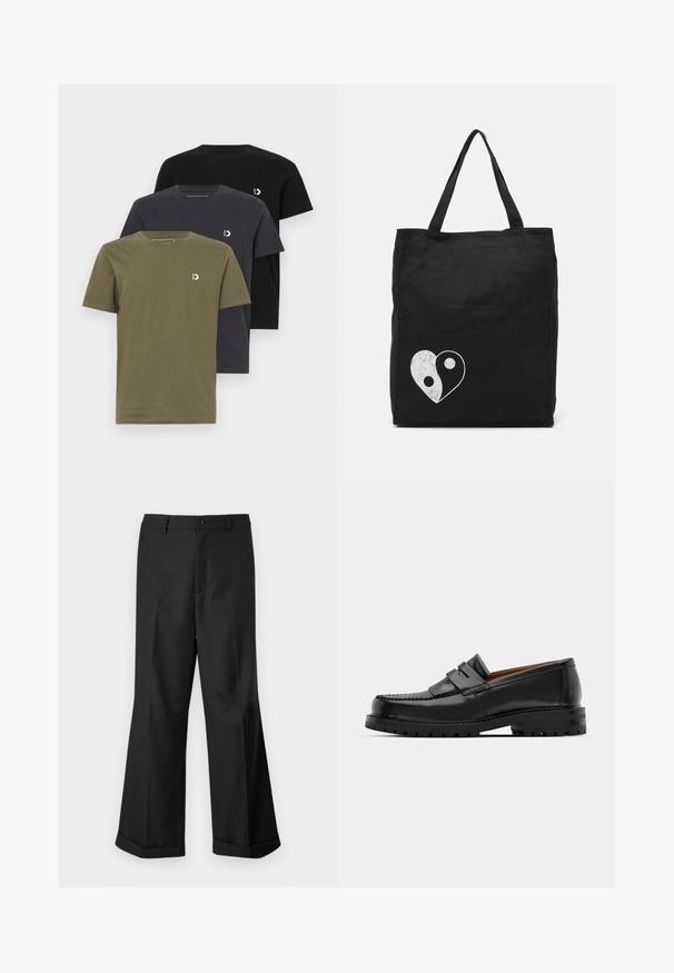 Tre kortermede t-skjorter i oliven grønn, mørkegrå og svart. Laget av myk bomull, hver av dem har et lite logo på brystet.; Svart vide buks med knappet midjebånd og oppbrettede nederkant, vist mot en enkel hvit bakgrunn.; Svart skinnloafers har en hevet søm, to dekorative stropper på oversiden, og en tykk teksturert såle for bedre grep.; Svart tote-veske laget av lerret, med et hvitt yin-yang hjertegrafikk. To solide håndtak for enkel bæring. Enkel rektangulær design.