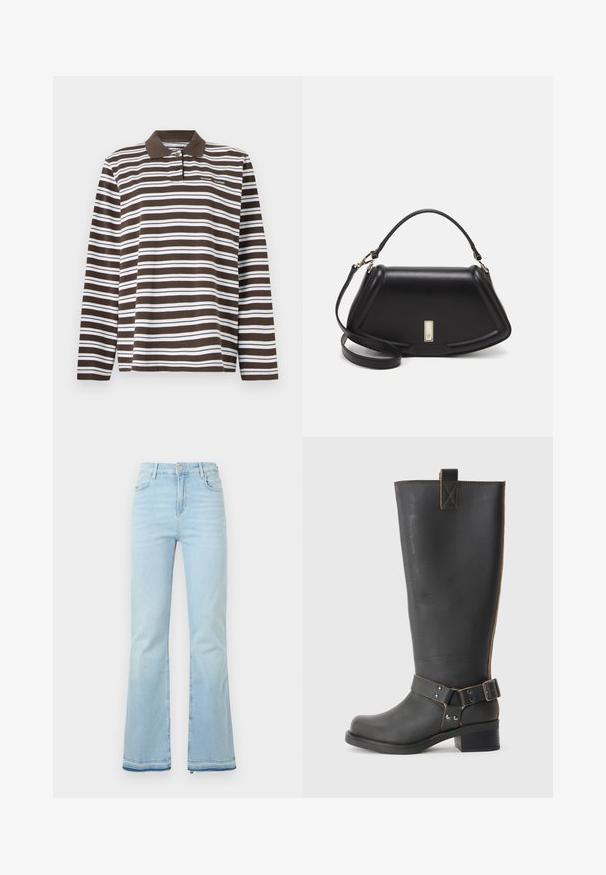 Samsøe Samsøe SADOVER - Top s dlhým rukávom - turkish coffee; Svetlomodré rozšírené džínsy z denimovej látky, s vysokým pásom, prednými vreckami a surovým lemom na manžetách pre ležérny vzhľad.; Čierna kožená čižma po kolená s textúrovaným povrchom, obsahujúca postranný akcent s prackou a nízkym opätkom. Podrobné prešitie pozdĺž švov.; Čierna kožená kabelka so štruktúrovaným dizajnom, s krátkym tvarom, hornou rúčkou a zlatými prvkami. Súčasťou je nastaviteľný ramenný popruh.