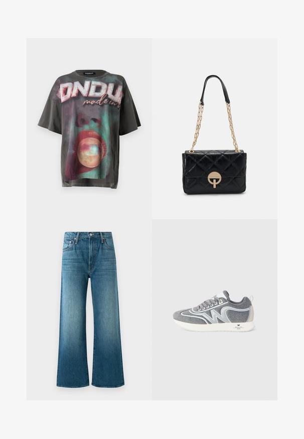 Per didelė juoda medvilninė marškinėliai su spalvingu grafiniu spaudiniu, kuriame viršuje užrašas "ONDUP" ir abstraktūs raštai žemiau.; Mėlyni plačių kojų džinsai su nusidėvėjusiais akcentais, priekinėmis kišenėmis, diržo kilpomis ir mygtuko uždarymu.; Pilkas ir baltas žemas sportinis batas su raišteliais, šone yra "W" dizainas, o baltoje padangoje ant kulno yra prekės ženklo "Weekend Max Mara".; Juodas dvigubas odinis rankinukas su auksine grandinėle, turintis apvalią užsegimą. Kompaktiška stačiakampio formos su lygiu paviršiumi.