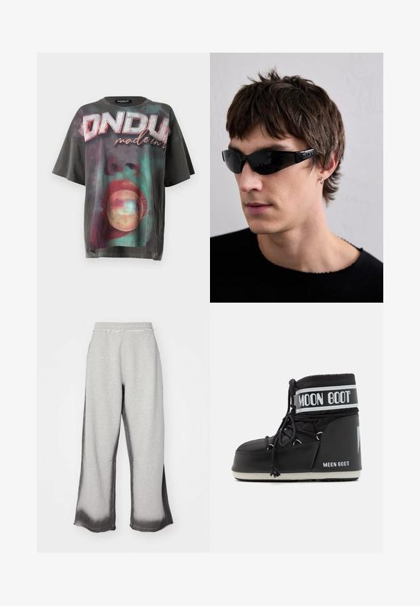 Oversized black cotton t-shirt featuring a colorful graphic print with the word "ONDUP" at the top and abstract designs below.; Gray sweatpants with a textured finish, featuring a gradual dark gray fade at the hem, elastic waistband, and wide-leg cut.; Black Moon Boot with a padded upper, secured by laces and a distinctive white band featuring the logo. Thick, textured rubber sole.; Black sunglasses with a sleek, wraparound design and glossy finish. They feature logo detailing on the arms and a lightweight frame.