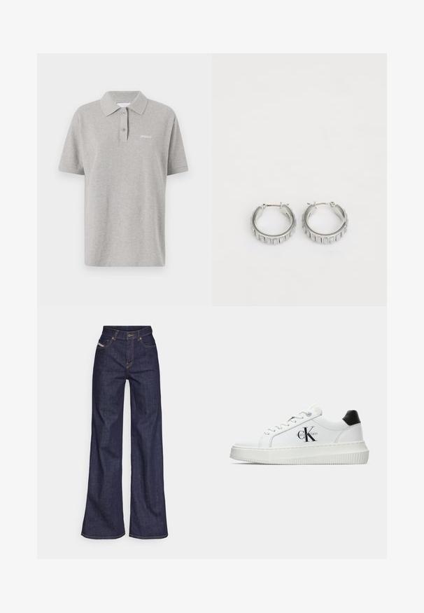 Szara bawełniana koszulka polo z klasycznym kołnierzykiem, krótkimi rękawami i małym białym logo na lewej piersi. Dwa guziki przy dekolcie.; Ciemnoniebieskie dżinsy szerokie w nogawkach wykonane z denimu, z wysokim stanem, z pomarańczowymi przeszyciami, pięcioma kieszeniami i zapięciem na guzik.; Białe sneakersy typu low-top z czarnym paskiem na pięcie, platformą, sznurowadłami i logo "CK" marki Calvin Klein na boku.; Srebrne kolczyki w kształcie obręczy o teksturowanym wzorze z pionowymi żłobieniami. Okrągły kształt z pewnym zapięciem. Gładkie wykończenie.
