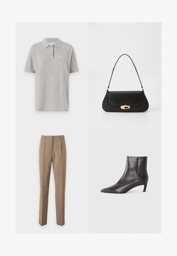 Pilkas medvilnės polo marškinėliai su klasikiniais apykakle, trumpomis rankovėmis ir mažuoju baltu logotipu kairėje krūtinės pusėje. Du mygtukų užsegimo elementai.; Rudos pritaikytos kelnės, pagamintos iš lygios medžiagos, su tiesiomis kojomis, priekinėmis raukšlėmis ir juosmeniu su diržo kilpos.; Juodas odinis kulkšninis batai su smailu nosimi ir žemu katės kulnu, lygus paviršius, šoninė užtrauktuko sistema, rodomas neutralioje fone.; Juodas odinis rankinės su išlenktu dizainu, auksinių atspalvių furnitūra ir viršutine rankena. Savybės - stilingas uždarymas ir glotni tekstūra.