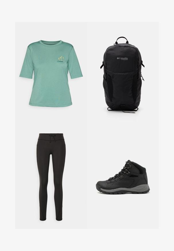 Žalios spalvos trumpomis rankovėmis marškinėliai, pagaminti iš minkštos medžiagos. Su apvaliu kaklu ir maža geltona palmės medžiaga siuvinėjimu kairiajame krūtinės kampe.; Juodi leggingai su aukšta juosmeniu, raišteliu, lygiu paviršiumi ir prigludusia forma. Yra siuvimo detalės šonuose.; Juodas žygio botas su vidutinio aukščio dizainu, pasižymintis tekstūruota viršutine dalimi, pilkų akcentų ir patvaria guma padanga su sukibimo gumbais.; Juodas Columbia Titanium kuprinė su lygaus audinio tekstūra, šoninėmis kišenėmis, viršutine rankena ir reguliuojamomis petnešomis. Minimalistinis dizainas su subtiliu logotipu.
