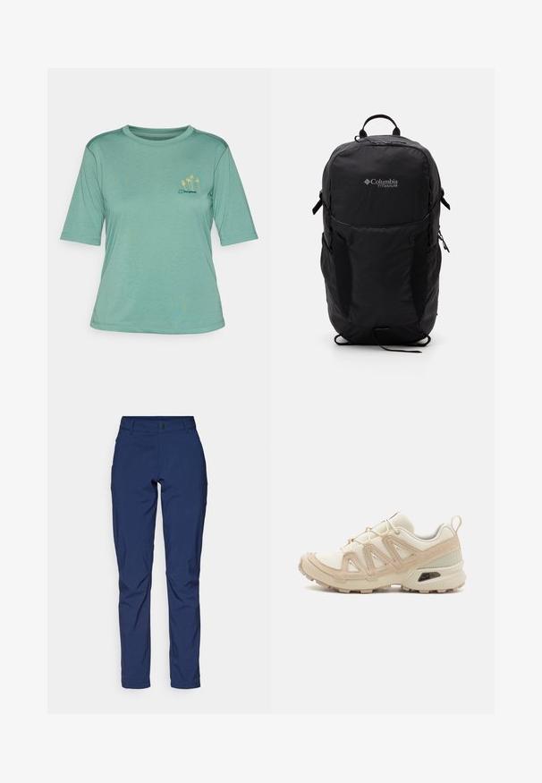 Green short-sleeve t-shirt made of soft fabric. Features a round neck and a small yellow palm tree embroidery on the left chest.; Navy blue trousers made from smooth fabric, featuring a classic fit, front pockets, and a zip fly with a button closure.; Beige and cream athletic shoe with textured mesh upper, supportive overlays, and rubber outsole featuring a tread pattern for traction.; Black Columbia Titanium backpack with a smooth fabric texture, side pockets, top handle, and adjustable straps. Minimalist design with subtle branding.