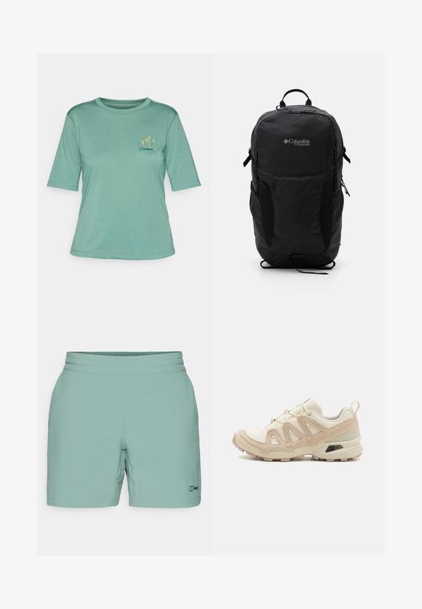 Zelené tričko s krátkým rukávem vyrobené z měkkého materiálu. Má kulatý výstřih a malou vyšitou žlutou palmu na levé straně hrudi.; Světlé zelené šortky vyrobené z měkké látky s hladkým pasem a malým černým logem na spodní straně. Jednoduchý, funkční design.; Béžová a krémová sportovní obuv s texturovaným síťovaným svrškem, podpůrnými překryvy a gumovou podrážkou s dezénem pro lepší přilnavost.; Černý batoh Columbia Titanium s hladkým textilním povrchem, bočními kapsami, horním madlem a nastavitelnými popruhy. Minimalistický design s jemným brandingem.