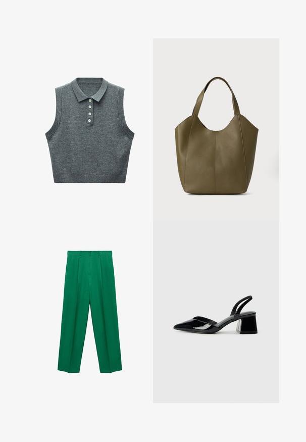 Mango Poloshirt - mottled dark grey; Grüne weit geschnittene Hose mit hohem Bund, gefaltetem Vorderteil, glatter Textur und figurschmeichelndem Schnitt. Keine sichtbaren Beschläge oder Muster.; Schwarze Lackleder-Slingback-High Heels mit spitzem Schuh und einem geometrischen Blockabsatz. Verfügt über ein schlankes, minimalistisches Design und eine glatte Textur.; Olivgrüne Leder-Tasche mit doppelten Trägern, glatter Textur und vierteiliger Gestaltung. Verstärkte Nähte entlang der Nähte für Langlebigkeit.
